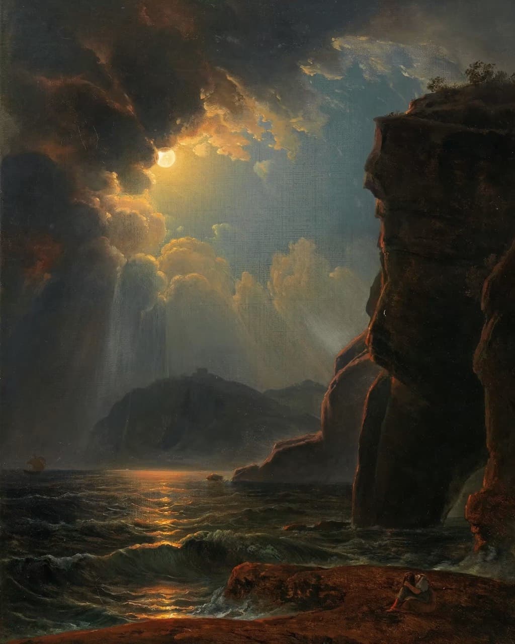 "Rocky Coast in Moonlight," 1830. Artist Johann Nepomuk Schödlberger (Austria).